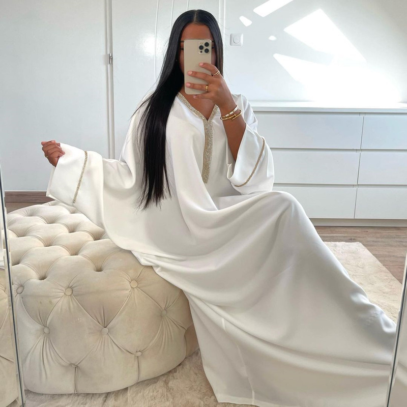 Metallic Diamond-Studded Fashionable Versatile Dress with Batwing Sleeves Long Dress Women