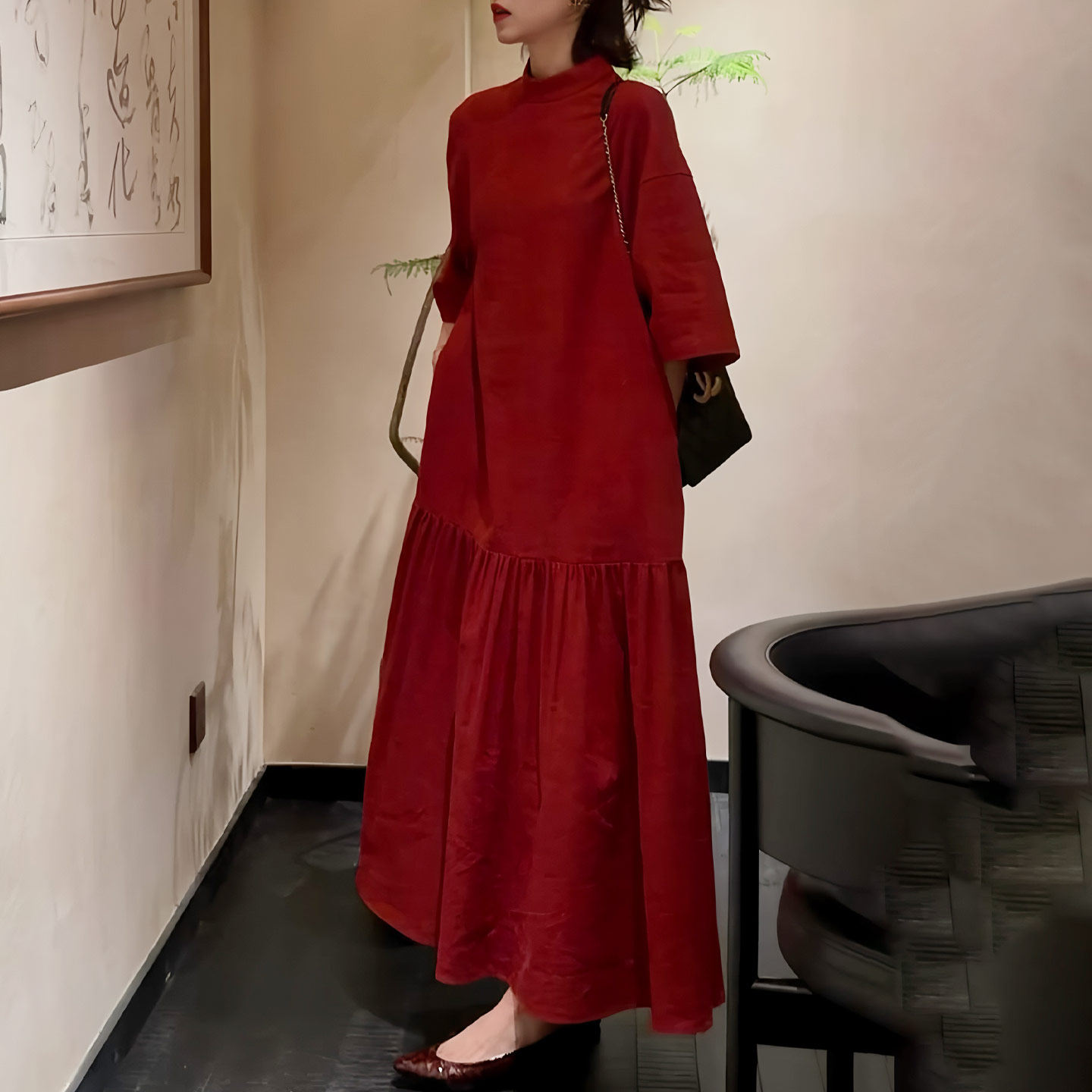 circle skirt long sleeve flowy red dress