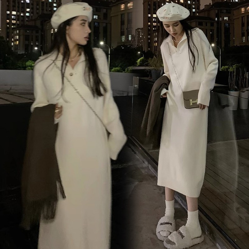 2025 Autumn/Winter New Soft and Lazy Style Petite Knitted Base Dress for Women, Long Polo Collar Sweater Dress