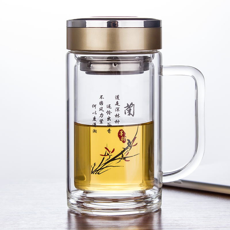 オーキッドオフィスカップ厚い二重層ガラスカップハンドルフィルター付き高温耐性ティー醸造水カップオフィスカップ