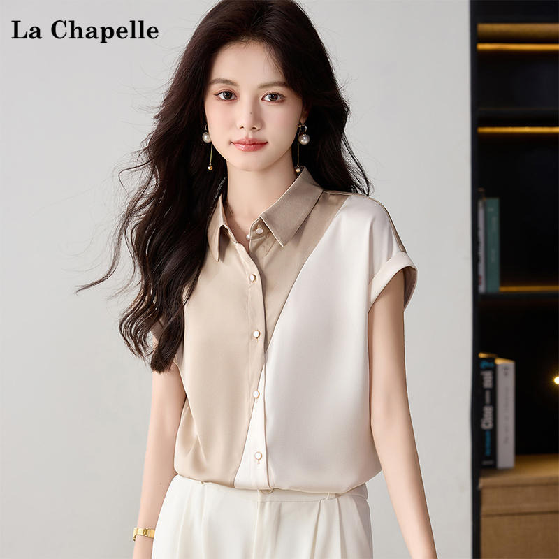 La Chapelle 2026 Summer High-End Korean Style Color-Blocked Design Lapel Shirt Top