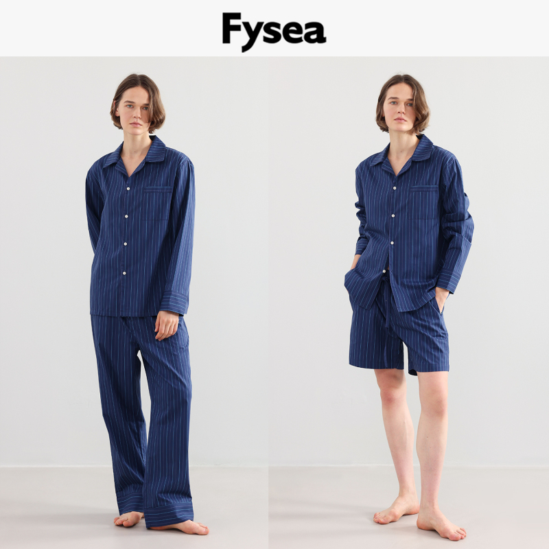 Fysea Dark Night Blue Striped High-End Pajamas Pure Cotton Loungewear Long-Sleeve Long-Pants Spring Summer Autumn Unisex Fysea Dark Night Blue Striped High-End Pajamas Pure Cotton Loungewear Long-Sleeve Long-Pants Spring Summer Autumn Unisex