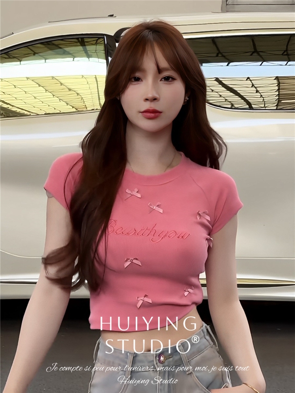 Pink Bow Tie Hot Girl High-Waisted Short Top Women's 2024 Summer New Style Regular Shoulder Short-Sleeved T-Shirt with a High-End Feel