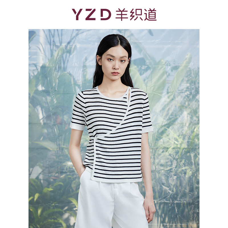 YZD sheep loom wild peony's new black and white striped asymmetrical design sensation blouse with thin and thin T-shirt