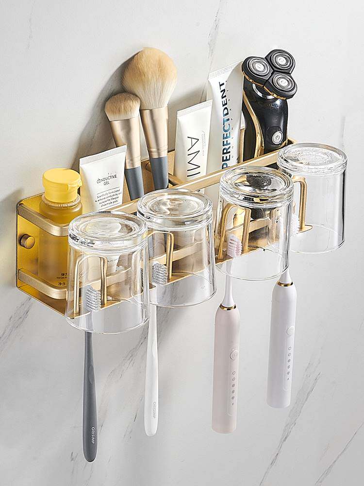 Three-cup toothbrush rack Rack Mouthwash Cup Holder gold cup toothbrushing Tooth Holder Wall-mounted 4-cup free of punch