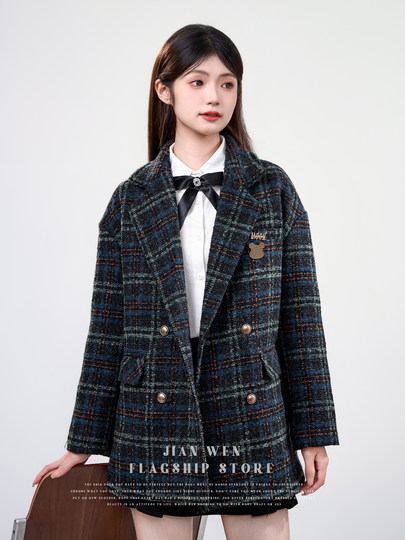 Jane Wen 2025 new winter retro plaid woolen blazer women's college style small woolen coat trendy