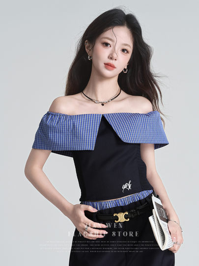 Designed Embroidered Off-Shoulder Short-Sleeve Shirt for Women, 2025 Summer New Slim-Fit Plaid Off-Shoulder Blouse Top Trendy
