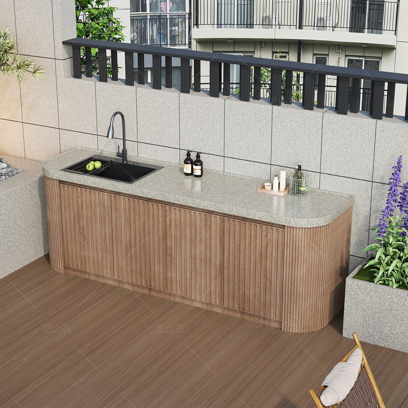 【Installation Included】Outdoor Courtyard Marble Kitchen Workbench with Double Arc Integrated Cabinet, Sink, and Bar Counter