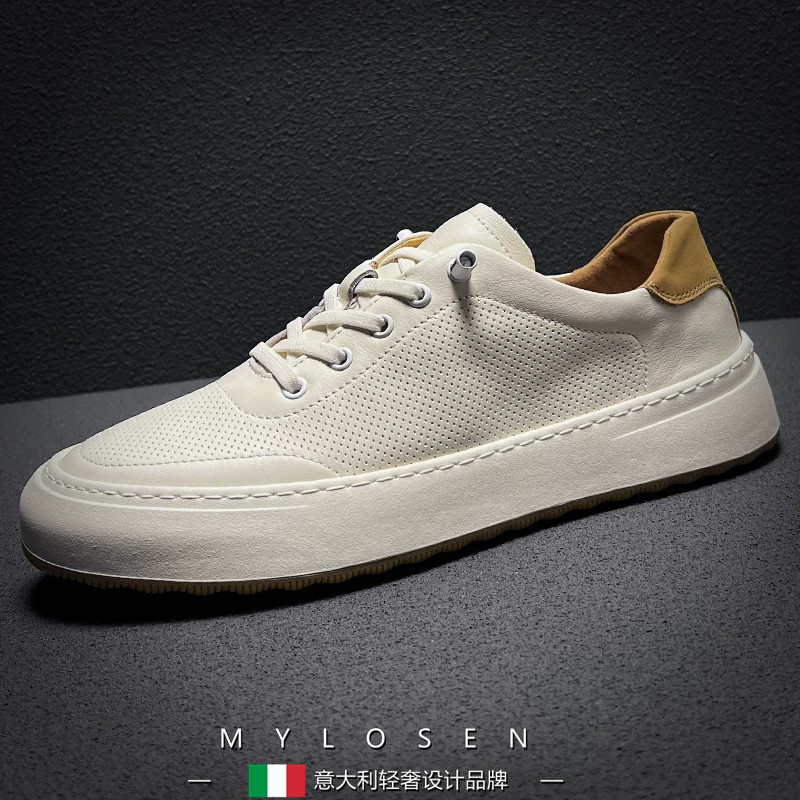Mylosen Genuine Leather Breathable Sneakers for Men 2026 New Summer Thick-Soled Slip-On Casual Shoes Genuine Leather White Shoes Mylosen Genuine Leather Breathable Sneakers for Men 2026 New Summer Thick-Soled Slip-On Casual Shoes Genuine Leather White Shoes