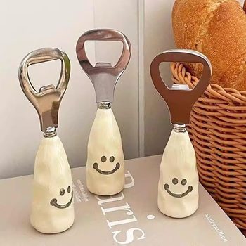 Cute Smiling Face Beer Bottle Opener with Thickened Plastic Handle, Creative Stainless Steel Cap Opener Tool