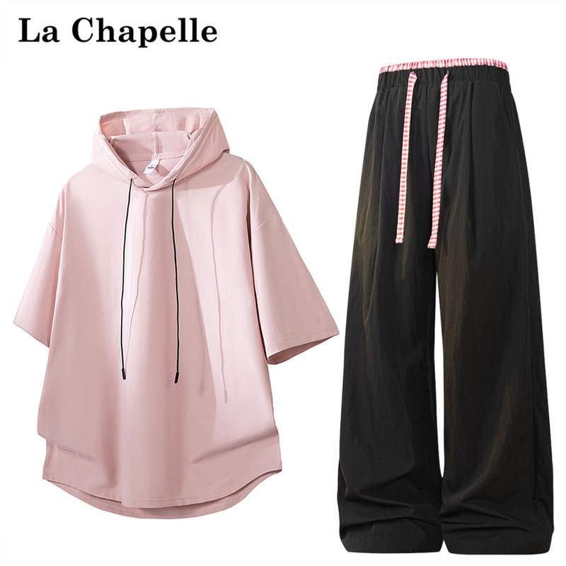 La Chapelle Pink Hooded Sports Short-Sleeved Suit for Women, Summer Thin Loose Quick-Drying Top and Long Pants Two-Piece Set