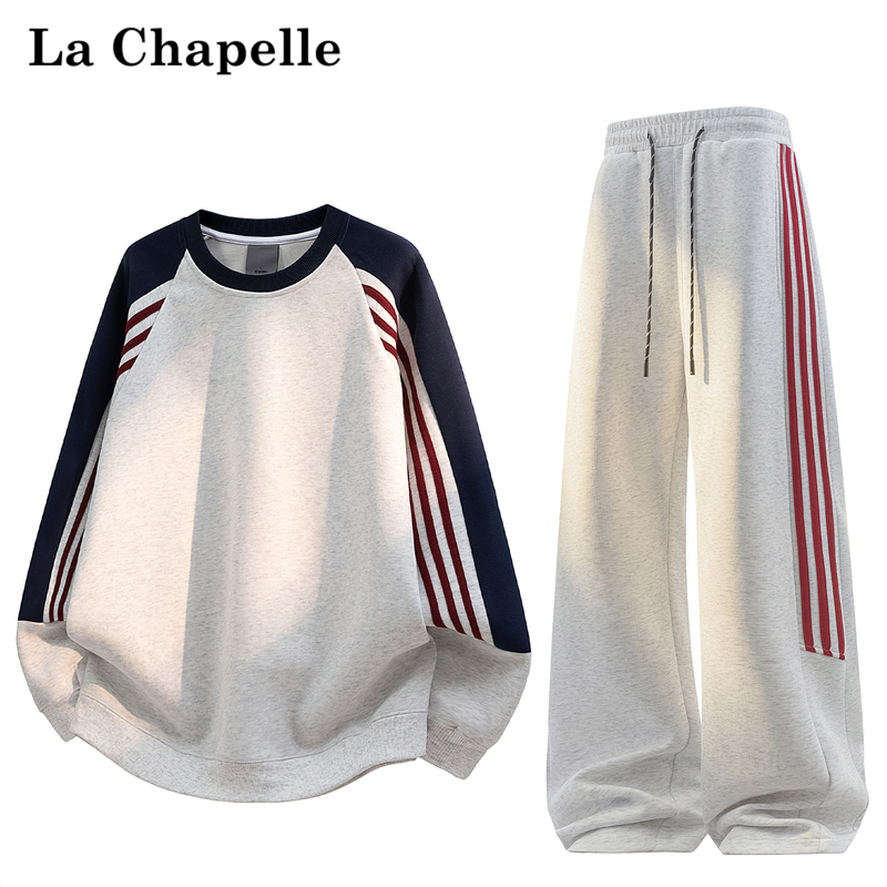 La Chapelle Striped Patchwork Color-Blocked Sportswear Set for Women, Early Autumn, Loose Round Neck Long-Sleeve Sweatshirt and Long Pants, Complete Set La Chapelle Striped Patchwork Color-Blocked Sportswear Set for Women, Early Autumn, Loose Round Neck Long-Sleeve Sweatshirt and Long Pants, Complete Set