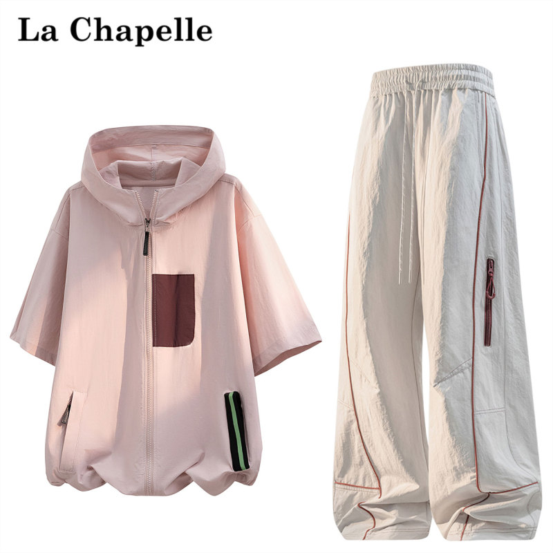 La Chapelle Pink Lazy Style Ice Silk Sports Suit for Women, New Summer Color-Block Short-Sleeve T-Shirt and Long Pants Set La Chapelle Pink Lazy Style Ice Silk Sports Suit for Women, New Summer Color-Block Short-Sleeve T-Shirt and Long Pants Set