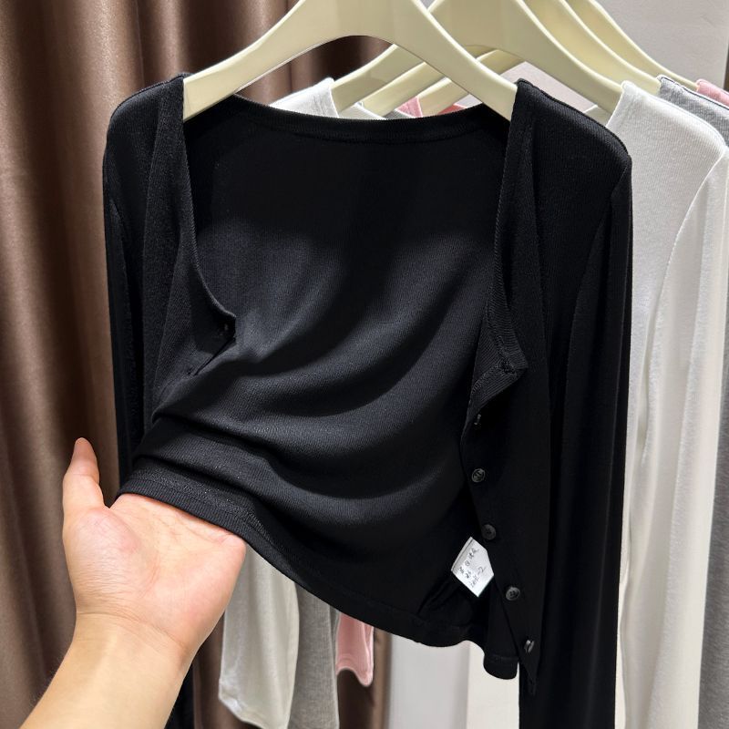 Black Modal Sun Protection Cardigan for Women, Summer Outerwear, Slip Dress, Shawl, Air-Conditioned Room Outerwear, Ice Silk Knit Sweater Jacket