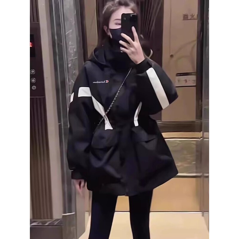 Cute Champion Hooded Jacket for Women, New Fashionable Mid-Length Workwear Style Windbreaker for Spring, Autumn, and Winter