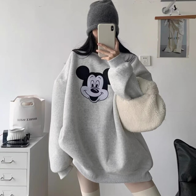 American-Style Oversized Mickey Mouse Print Crew Neck Sweatshirt for Women, Suitable for Spring, Autumn, and Winter, Loose Fit, Slimming, Couple's Top