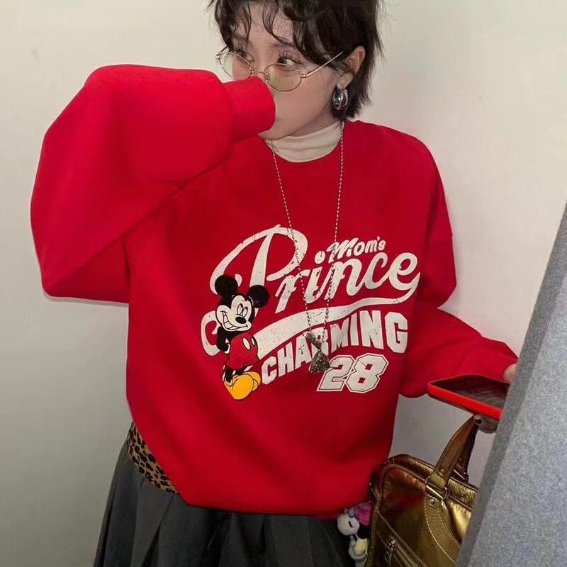 Mickey Print New Year Red Loose Round Neck Sweatshirt for Women, Autumn and Winter American Style Lazy Pullover Couple Outfit Top