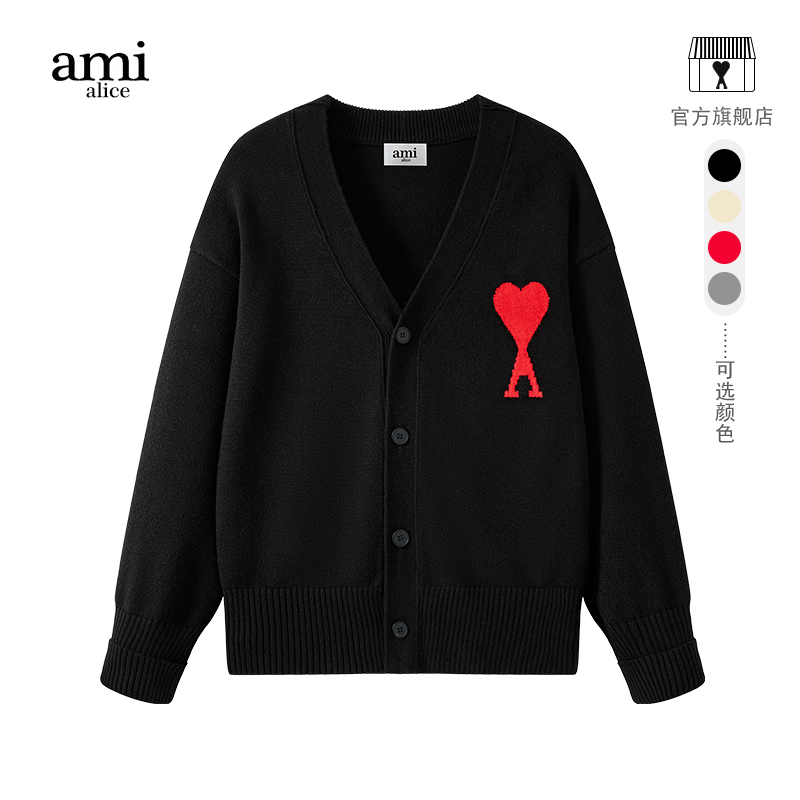 Ami Alice Official Men's Cardigan Knitted Sweater with Heart Embroidery Couple's Outfit Loose V-Neck Sweater Jacket for Women