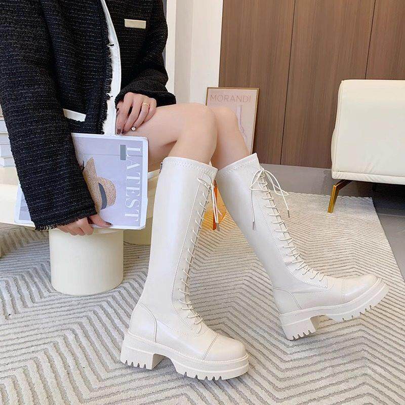 White thick bottom long cylinder boots woman 2023 autumn winter new small sub-long boots thick and thin high cylinder but knee boots-Taobao