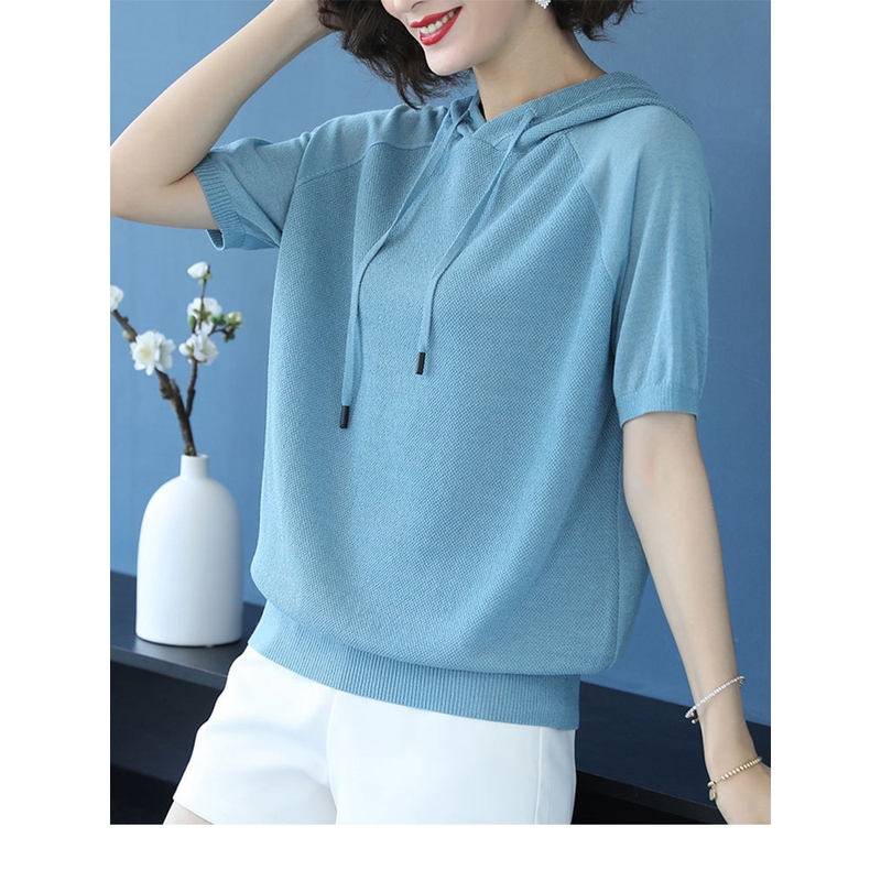 New Product Xiahu Shijia Spring and Summer New Solid Color Hooded Tencel Short-Sleeved Sweatshirt T-Shirt Women's Loose and Versatile Knitted Sweater