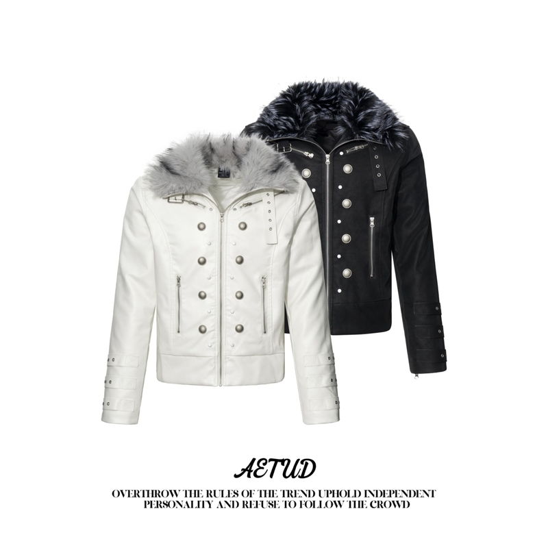 Aetud Street Style Light Asian-Inspired Faux Fur Collar Suede Jacket for Men and Women, Short Padded Leather Coat with Fleece Lining, Trendy