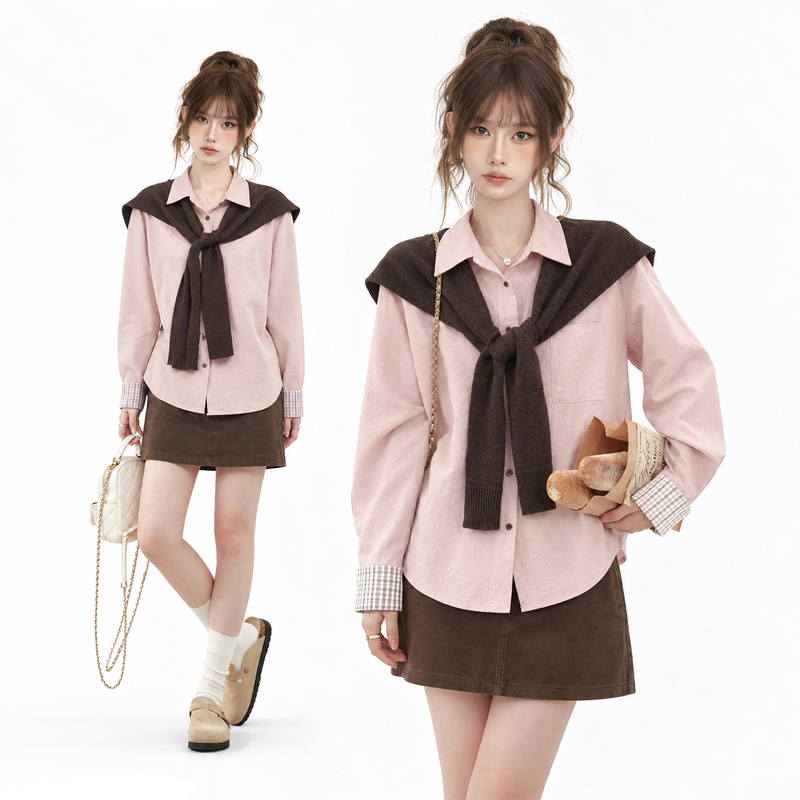 Korean-Style Pink Button-Up Cardigan Long-Sleeve Shirt for Women 2026 Autumn Polo Collar Loose Versatile Top with Shawl