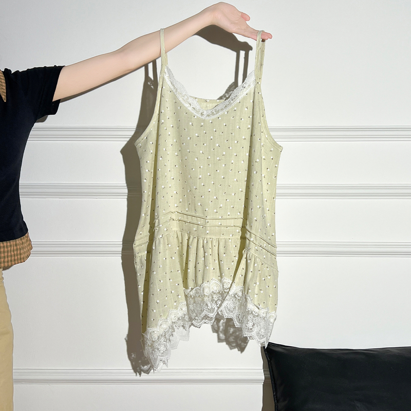 Pure Desire Style Green Floral Design Camisole for Women, Summer Irregular Hem Lace Trim Loose Top