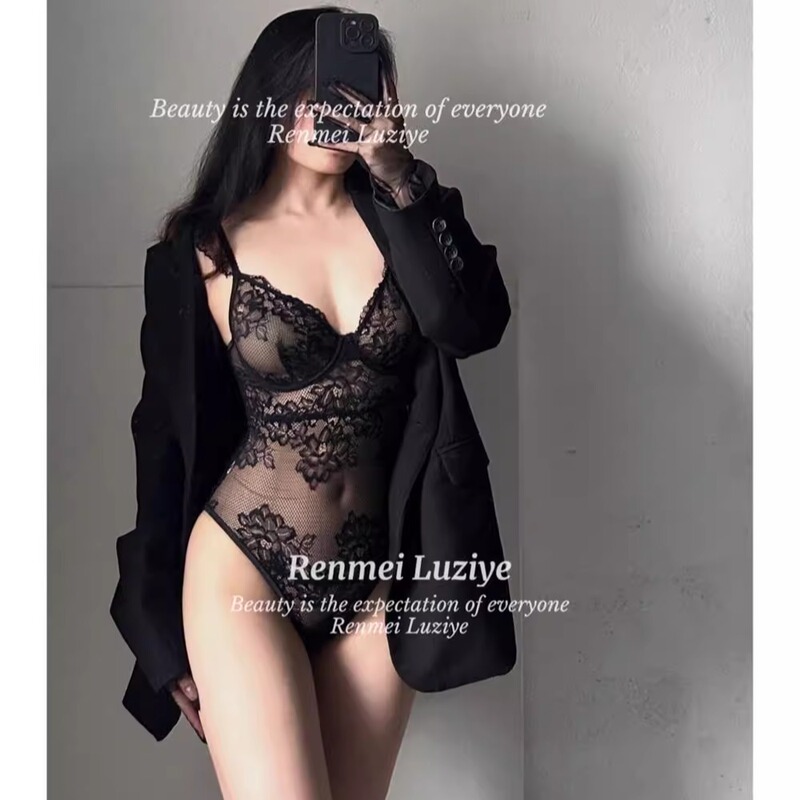 Flgg【Heavy Smoke】Black High-End Sexy Hollow-Out Slightly See-Through Comfortable Lace Bodysuit with Straps Women's Bra Lingerie Flgg【Heavy Smoke】Black High-End Sexy Hollow-Out Slightly See-Through Comfortable Lace Bodysuit with Straps Women's Bra Lingerie