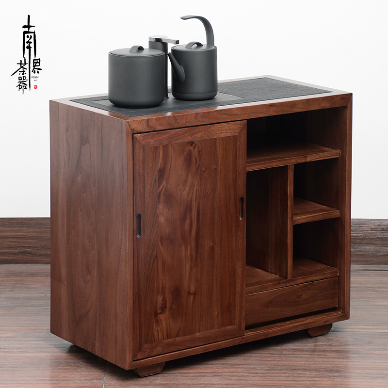 Solid wood tea water cabinet elm wood hut walnut color mobile tea cart Tea table New Chinese tea table edge cabinet induction stove integrated household