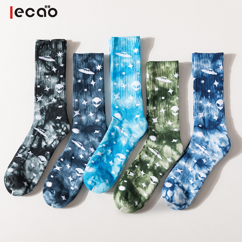 Tie-Dye Skateboard Socks, Street Mid-Calf Trendy Socks, Hip-Hop Cotton Socks, Terry Bottom Loop Socks, Trendy Long Cotton Socks