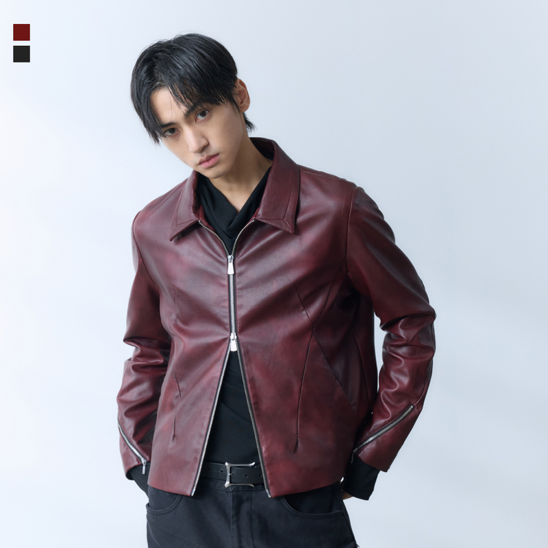 Yunyi [Liaoyuan] over Lock Bone-Cutting Contrast Color Topstitching Curved Knife Sleeve Shaping Leather Jacket