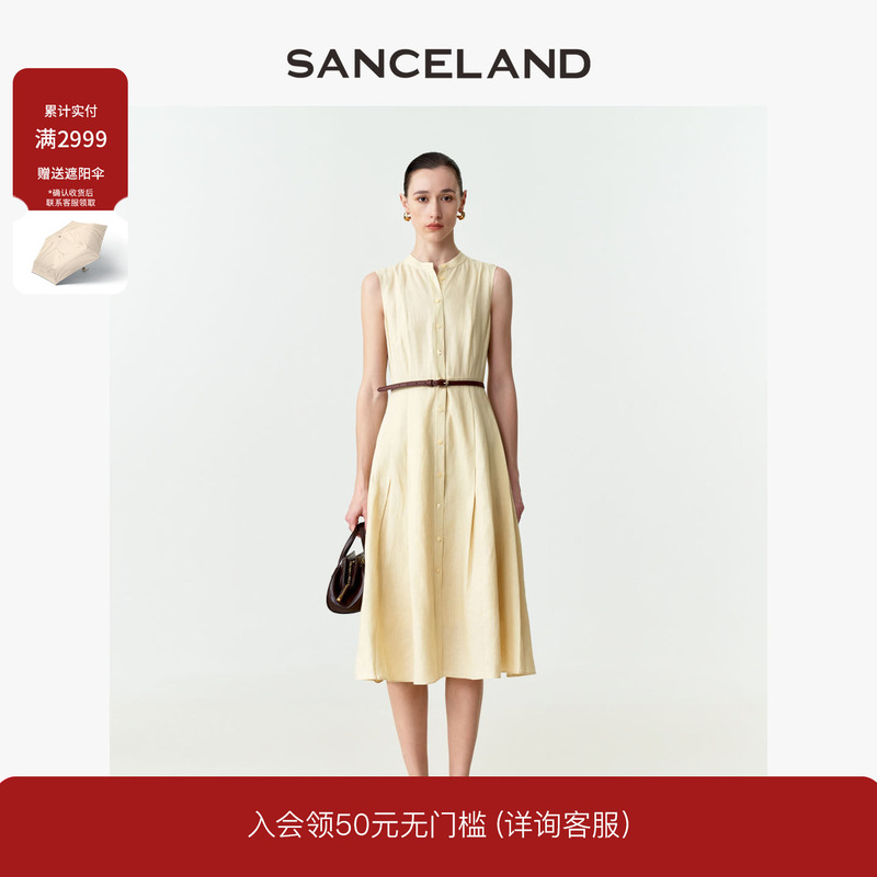 Sanceland San Shi Yi Lan Summer Linen Round Neck Sleeveless Shirt Dress A-Line Skirt Sk24103045