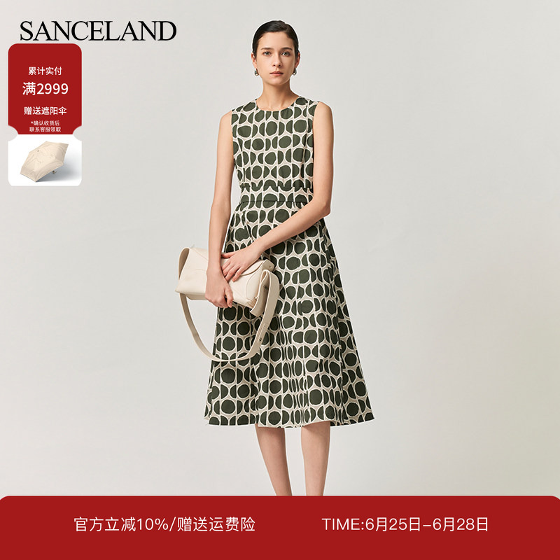 Sanceland Three-Stone One-Piece Summer Cotton Polka Dot Print Sleeveless Long Dress with Belt Si24103051