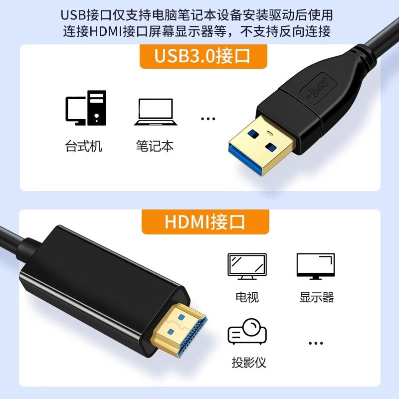USB to HDMI High-Definition Cable for Screen Projection, Tv Monitor, Projector, External Graphics Card, Computer, Laptop Adapter