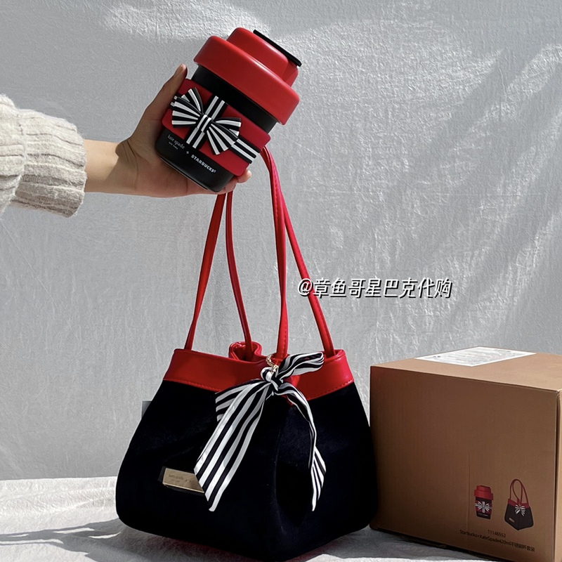 Starbucks Cup Kate Spade Red and Black Striped Bow Stainless Steel Cup Velvet Bag Color-Blocking Simple Cup