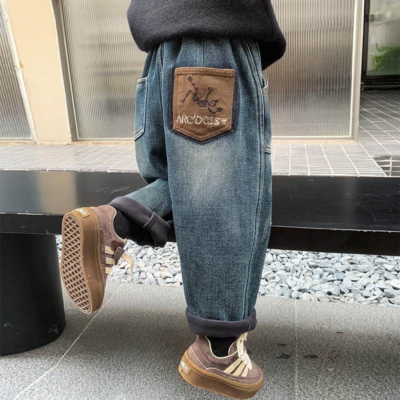 Boy pants winter clothing 2023 new children autumn winter boy gush thickened integrated suede baby jeans tide-Taobao