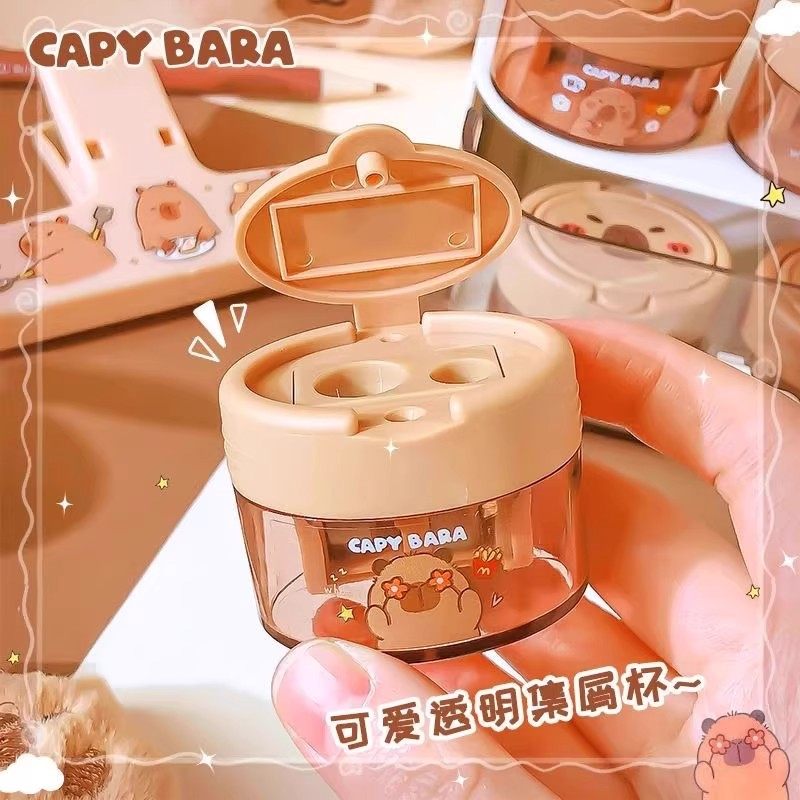 Children's Pencil Sharpener Kapibara Rotating Pencil Sharpener Manual Rotating Pencil Sharpener Cartoon Manual with Lid Double Hole