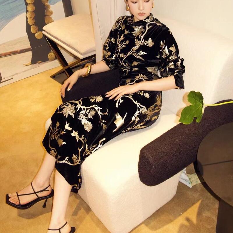 【New Chinese Style】Shopping Mall Same Style Spring and Autumn Moonlight Gold Design Gilded Silk Velvet Dress