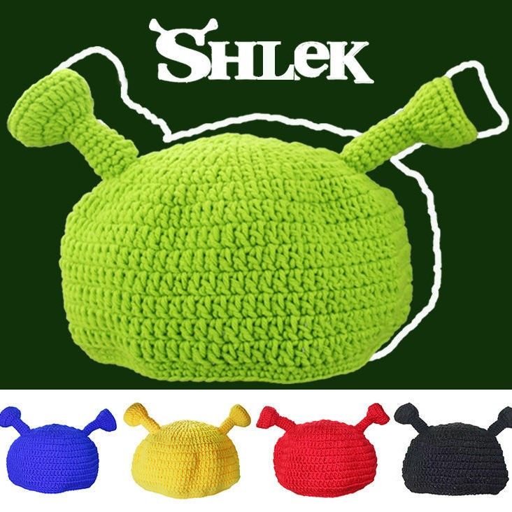 Funny cute ruffian young old Shrek hand-knitted green hat with ears cartoon dime sand carving headgear