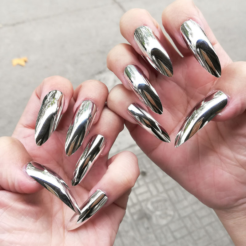 Extra-Long Pointed Silver Wearable Nail Art Cosplay Dance Performance Artistic Nails Fake Nail Tips for Girls