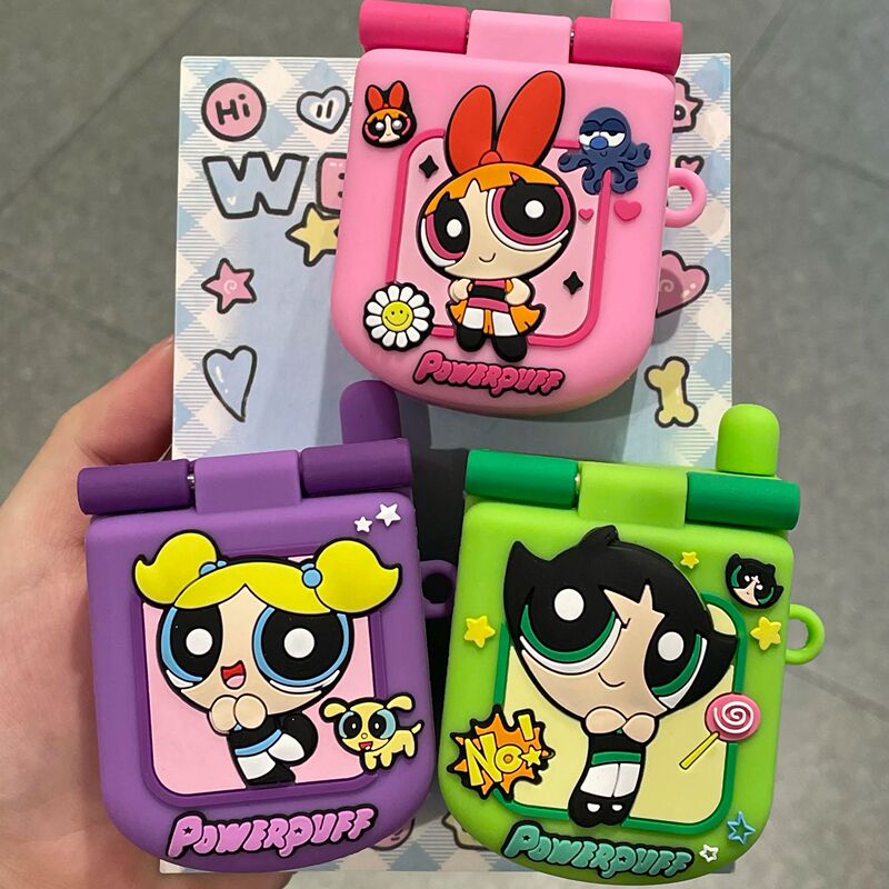 Powerpuff Girls Flip Phone Case Compatible with AirPods 4Th Generation Earphone Case Apple AirPods Pro 3 Protective Cover Airpod2/3 Generation Niche Silicone Makeup Mirror Pro Second Generation Anti-Drop Soft Case