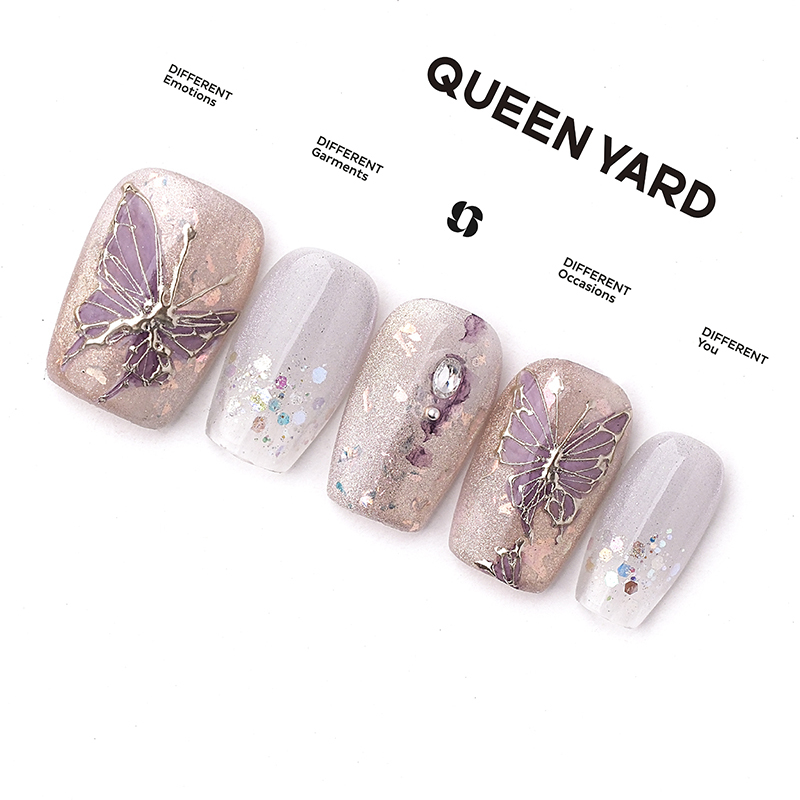 [Qixiangdie] Queenyard Three-Dimensional Gilded Butterfly Nail Art 2026 Spring Cat's Eye Handmade Wearable Nails