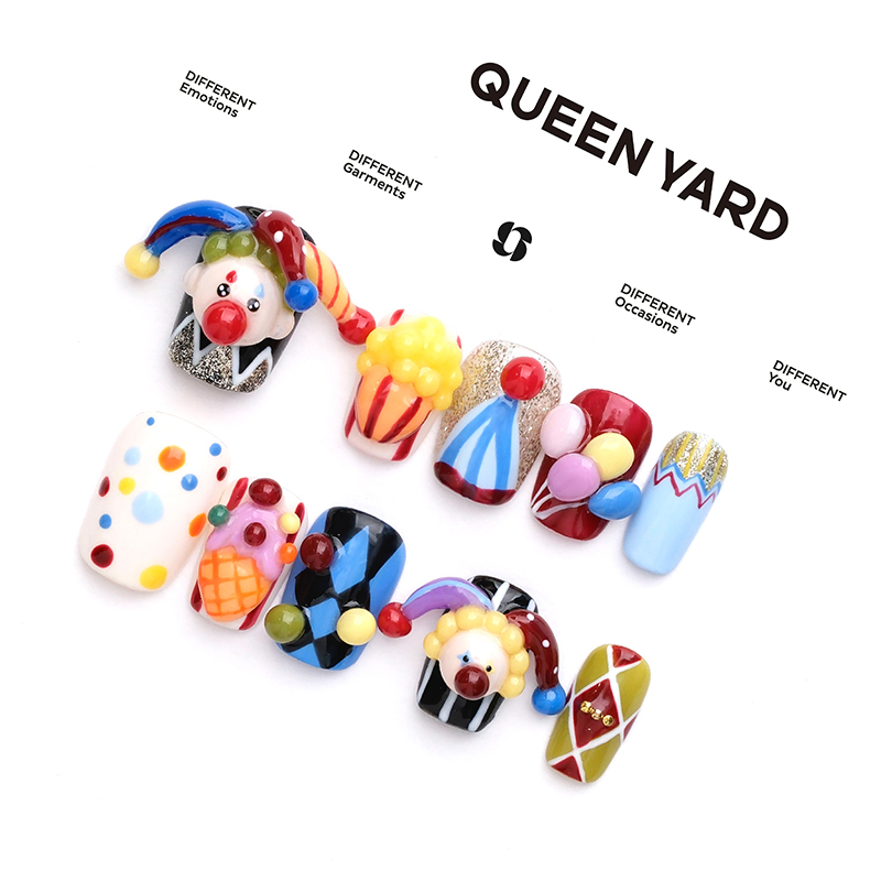 [Clown] Queenyard Colorful Three-Dimensional Inlaid Cosplay Clown Childlike 2026 Creative Cute Wearable Nails