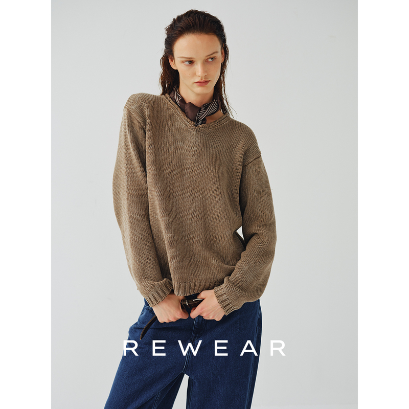 Rewear/Retro Old Money Style Distressed Washed Cotton Faded V-Neck Long-Sleeved Knitted Sweater for Women 16289
