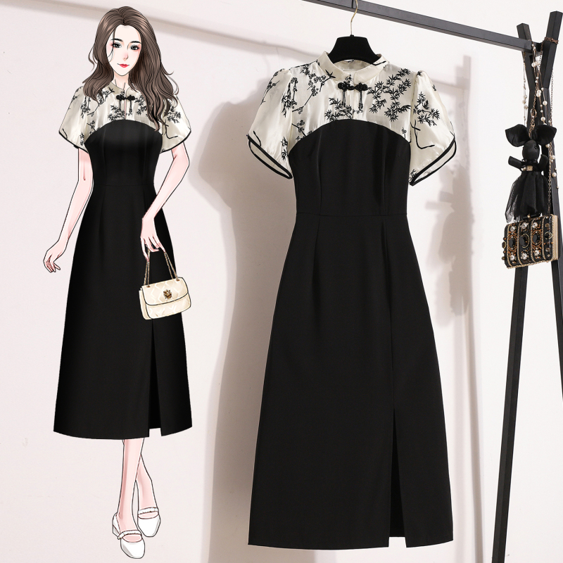 New Chinese-Style Improved Cheongsam, National Style Black Dress for Women, Summer Plus Size, Waist-Cinching, Tummy-Covering, Elegant Mid-Length Dress New Chinese-Style Improved Cheongsam, National Style Black Dress for Women, Summer Plus Size, Waist-Cinching, Tummy-Covering, Elegant Mid-Length Dress