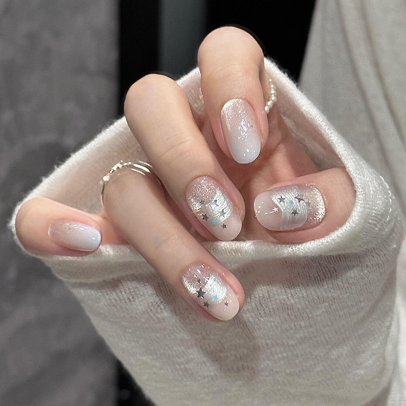 Sparkling Star and Moon Pure Desire Sweet Cool Handmade Short Nail Art with Flashing Cat Eye Effect, Whitening Atmosphere Nail Stickers