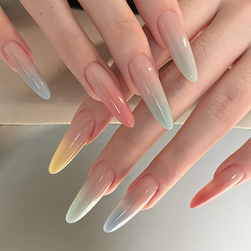 Summer Rainbow Minimalist Gradient Long Oval Handmade Wearable Nails with a High-End Feel, Summer Nail Art Fake Nail Tips Summer Rainbow Minimalist Gradient Long Oval Handmade Wearable Nails with a High-End Feel, Summer Nail Art Fake Nail Tips