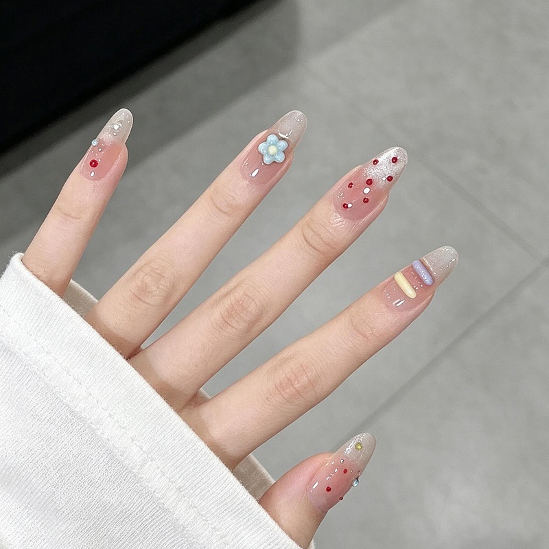 Clear and Transparent Summer Manicure with Sweet Colorful Little Flowers, Handmade Wearable Nail Patches, Sweet Polka Dot Fake Nail Pieces