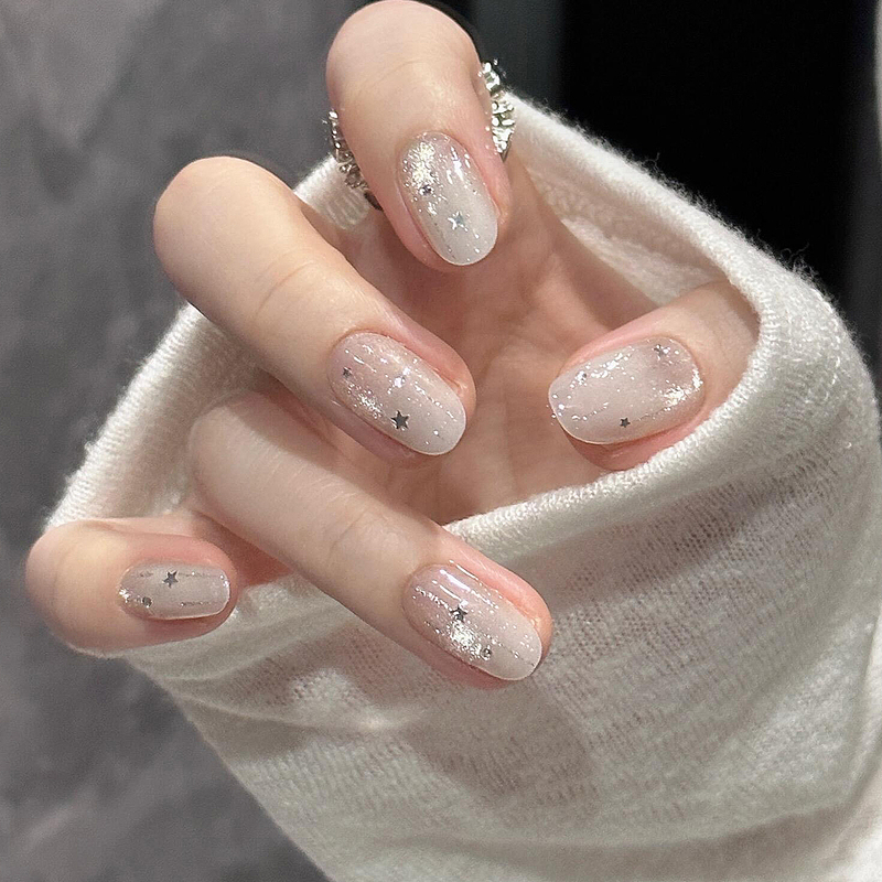 Sparkling Meteor Light White Gradient Handmade High-End Wearable Nails Nude Color Brightening Nail Stickers Fake Nail Tips