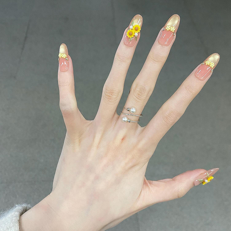 Girly Sunflower Cat-Eye Elegant Temperament Handmade Wearable Nails, Whitening Manicure, Reusable Finished Product